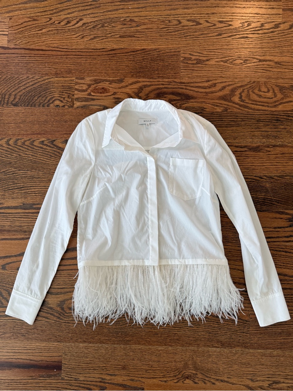 Milly White Button-Front Shirt with Detachable Feather Hem
